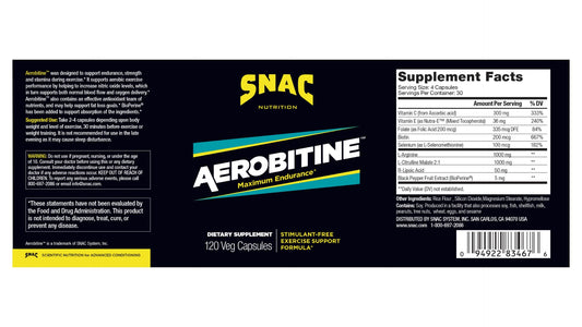 SNAC Aerobitine ingredients blend showing nitric oxide and blood flow support.