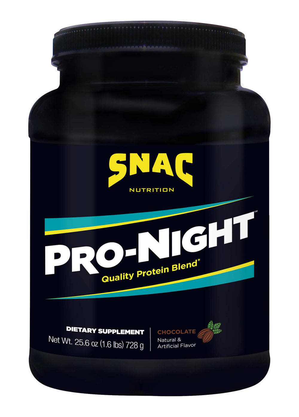 SNAC Pro-Night chocolate bottle ready for slow-release overnight recovery.