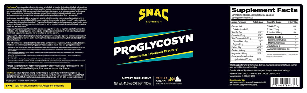 SNAC Proglycosyn Vanilla Cream scoop beside the tub for easy post-workout mixing.