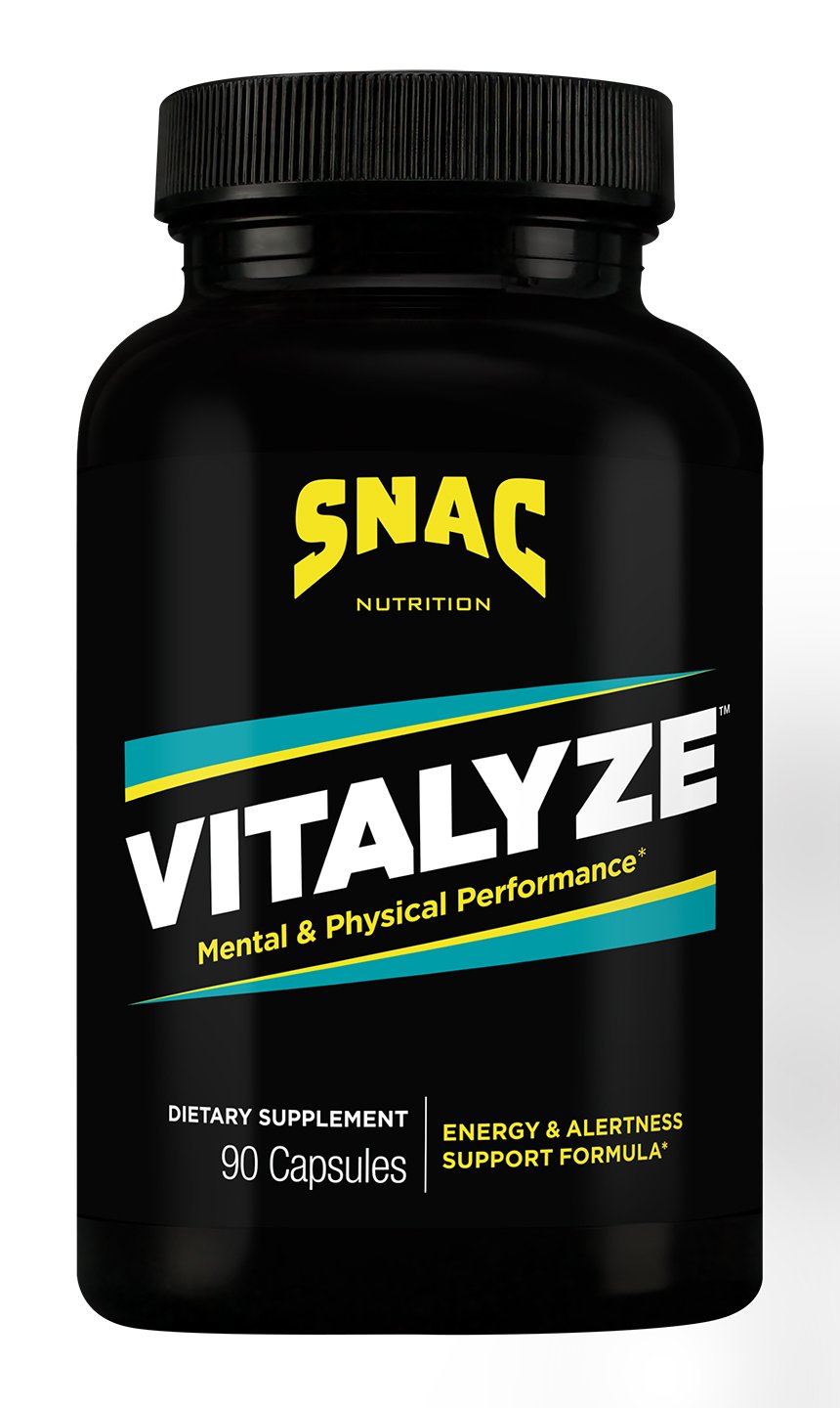 SNAC Vitalyze energy bottle front view for sustained focus and stamina.