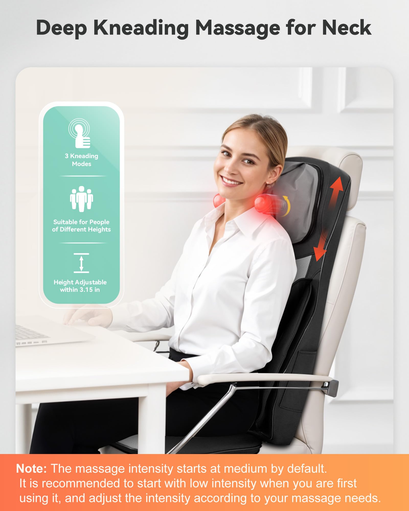 Snailax back kneading heads with adjustable width for comfort.