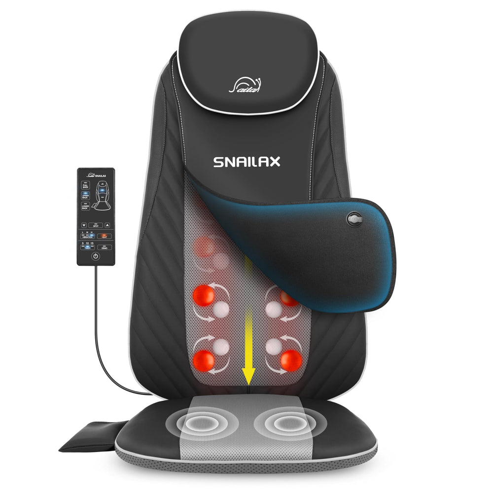 Snailax Shiatsu back massager with heat shown on a chair for full back relaxation.