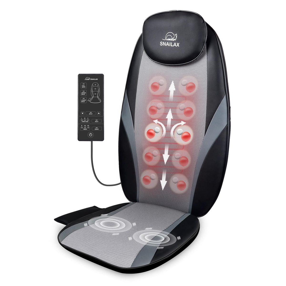 Snailax Shiatsu massage cushion back view with deep kneading on the full back
