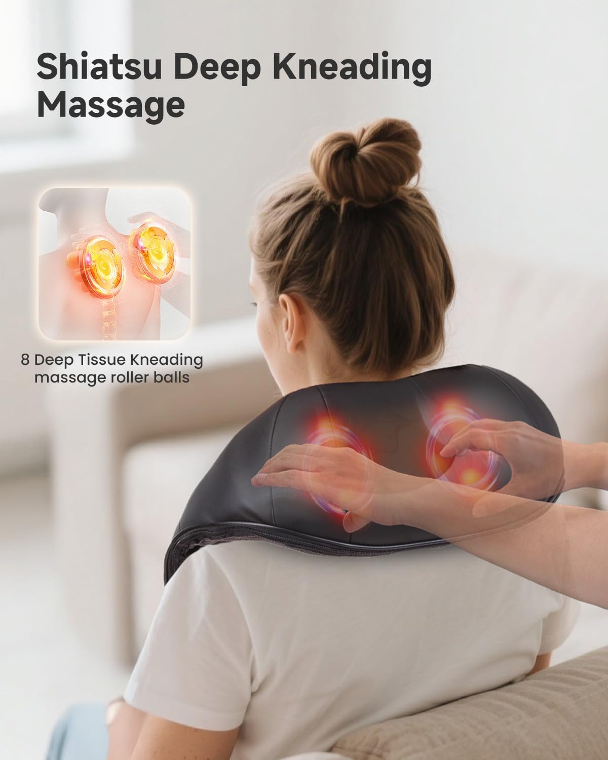 Snailax Shiatsu neck massager with heat control panel shows adjustable modes.