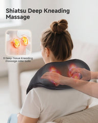 Snailax Shiatsu neck massager with heat control panel shows adjustable modes.