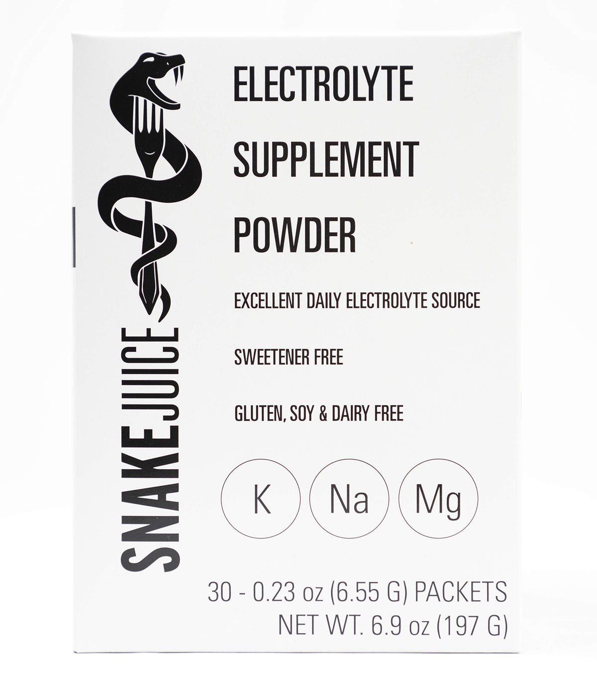 SNAKE Juice electrolyte packet pouring into water for quick hydration.