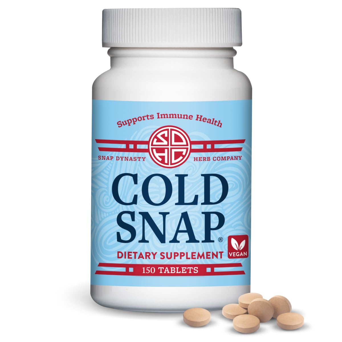 Snap Dynasty Cold Snap tablets close-up, herbal blend supporting immune health