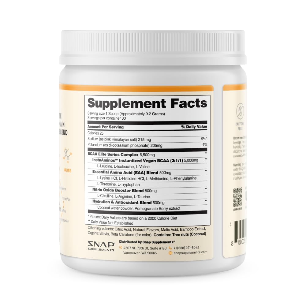 Snap Supplements BCAA powder peach mango flavor invites tasty performance support