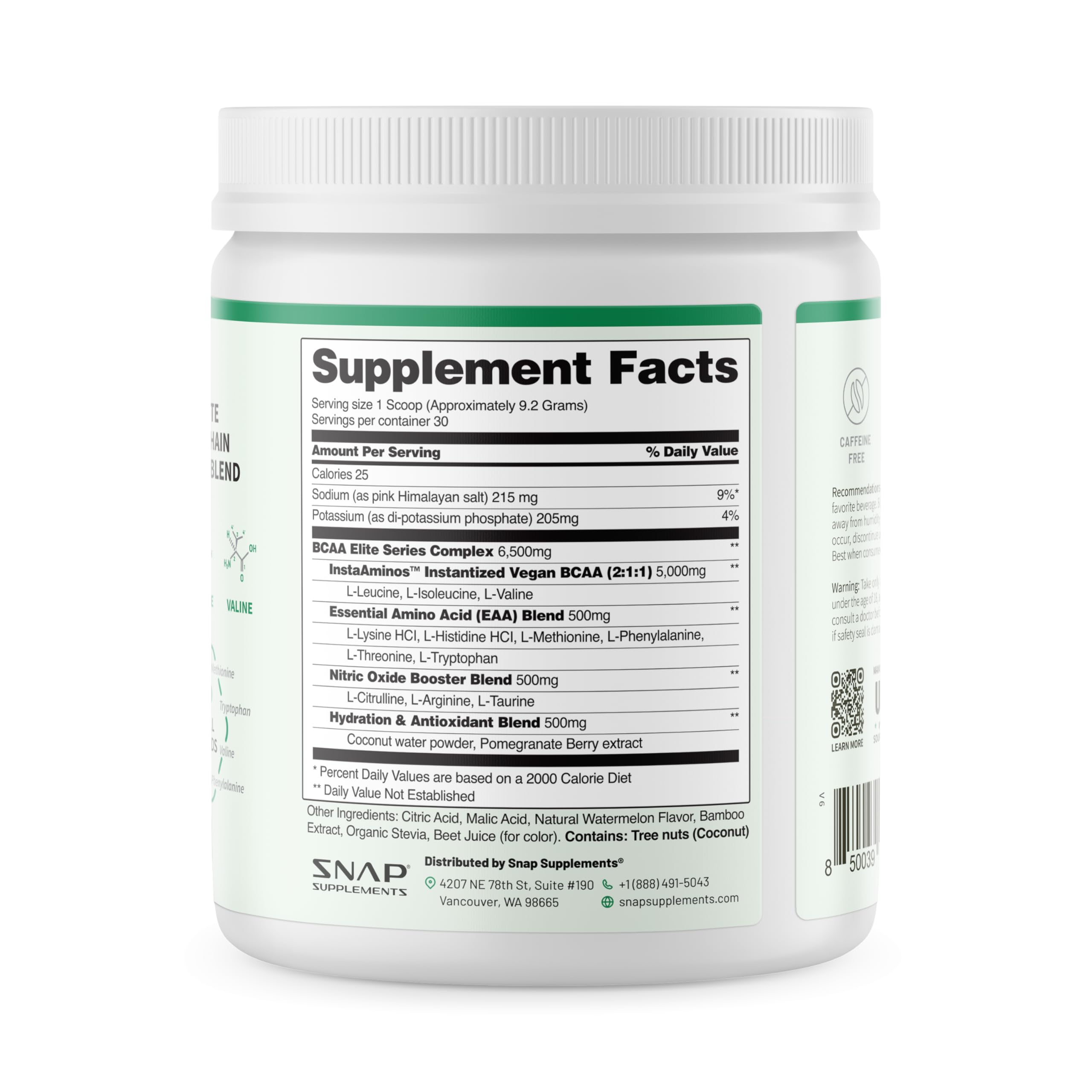 Coconut water powder and BCAAs in Snap Supplements bottle