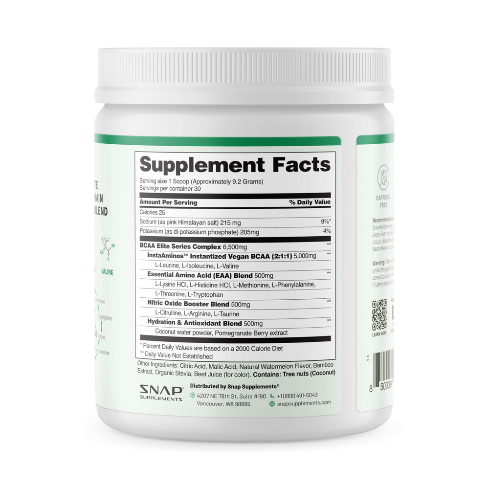 Coconut water powder and BCAAs in Snap Supplements bottle