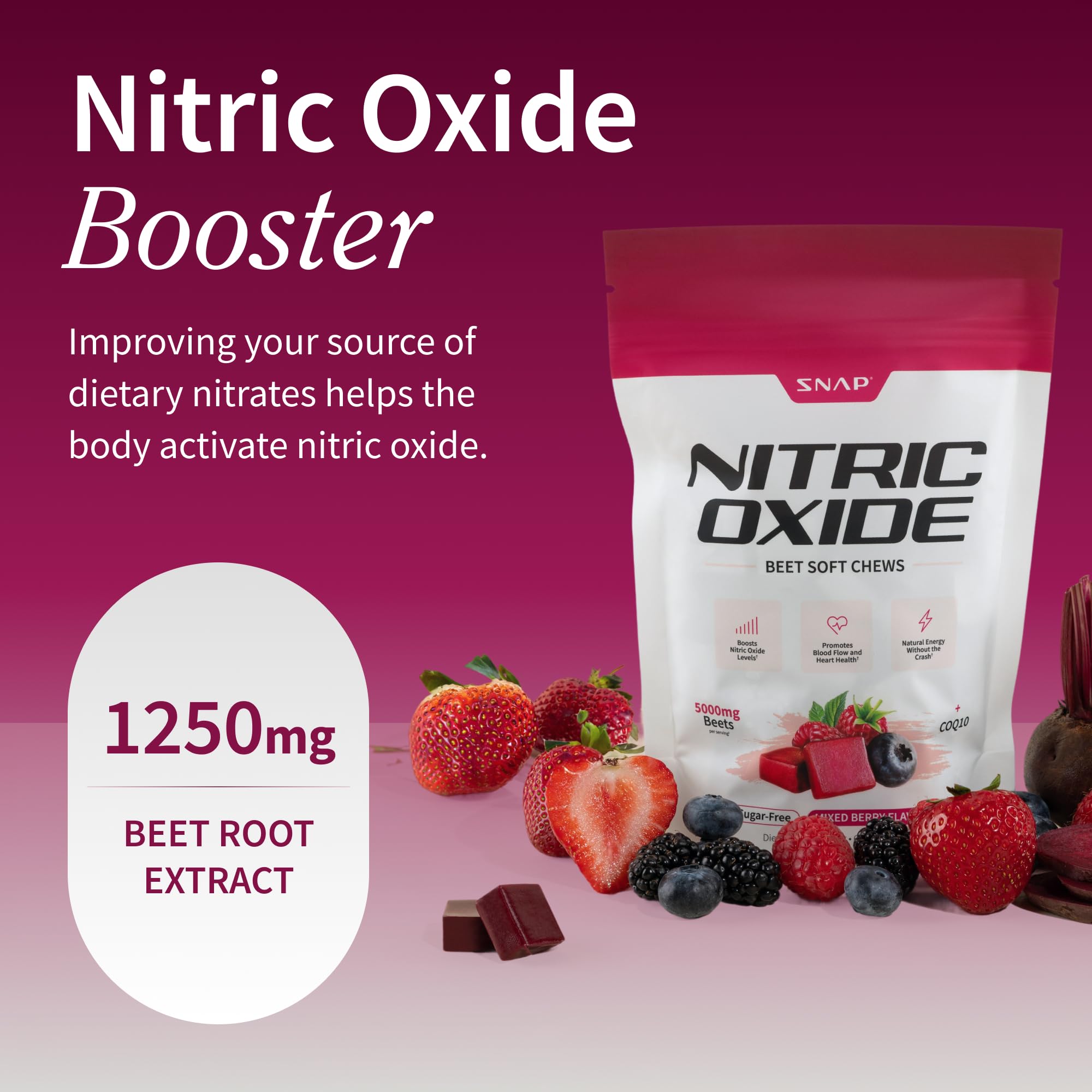 Close-up of Snap Supplements beet root chews with berry texture