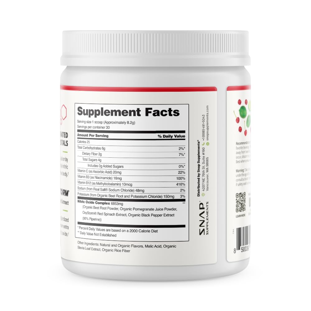 Snap Supplements Organic Beet Root Powder with pomegranate and red spinach highlights.