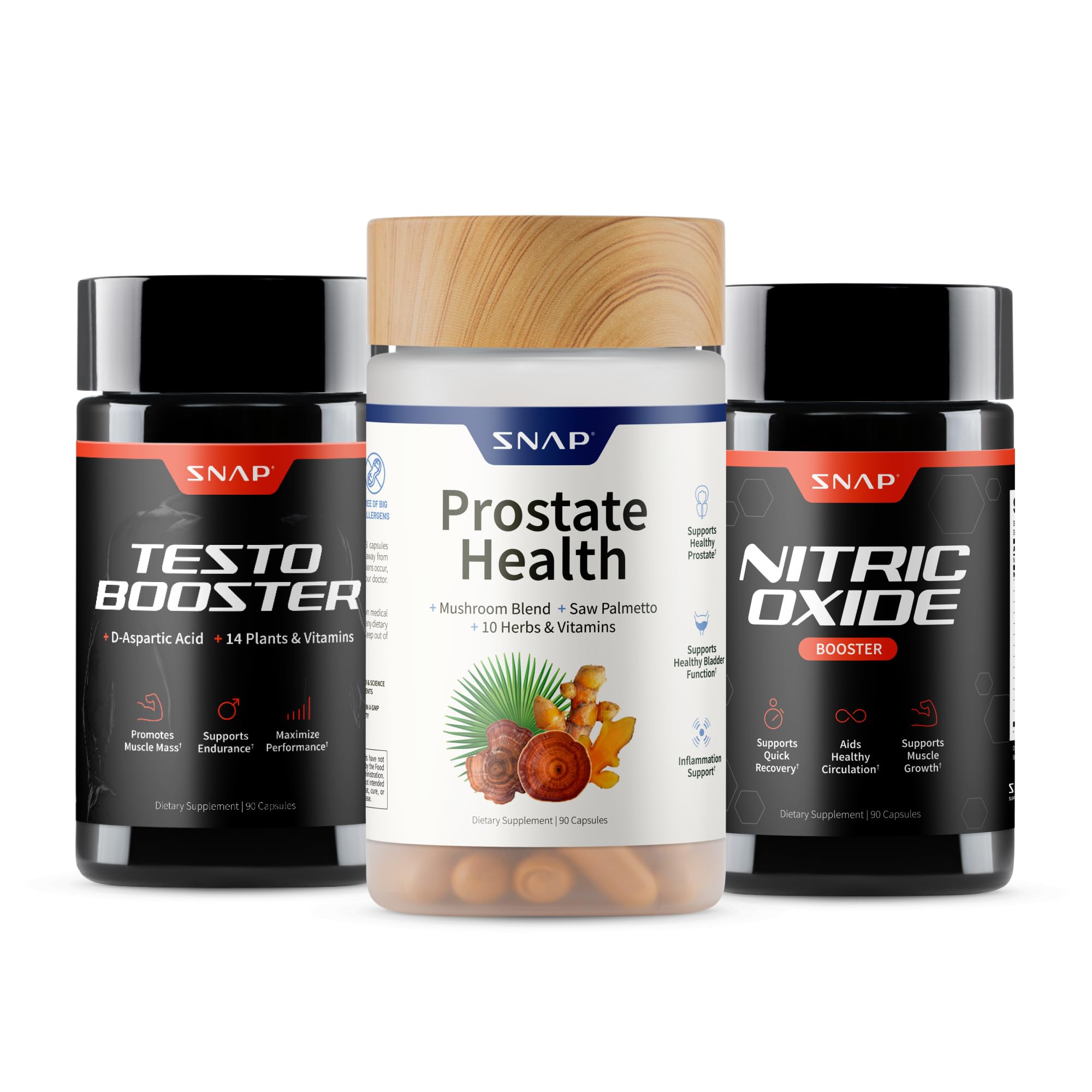Snap Supplements Big Boy Bundle front label showing three targeted men's formulas for daily vitality