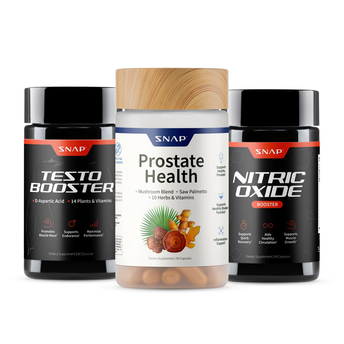Snap Supplements Big Boy Bundle front label showing three targeted men's formulas for daily vitality