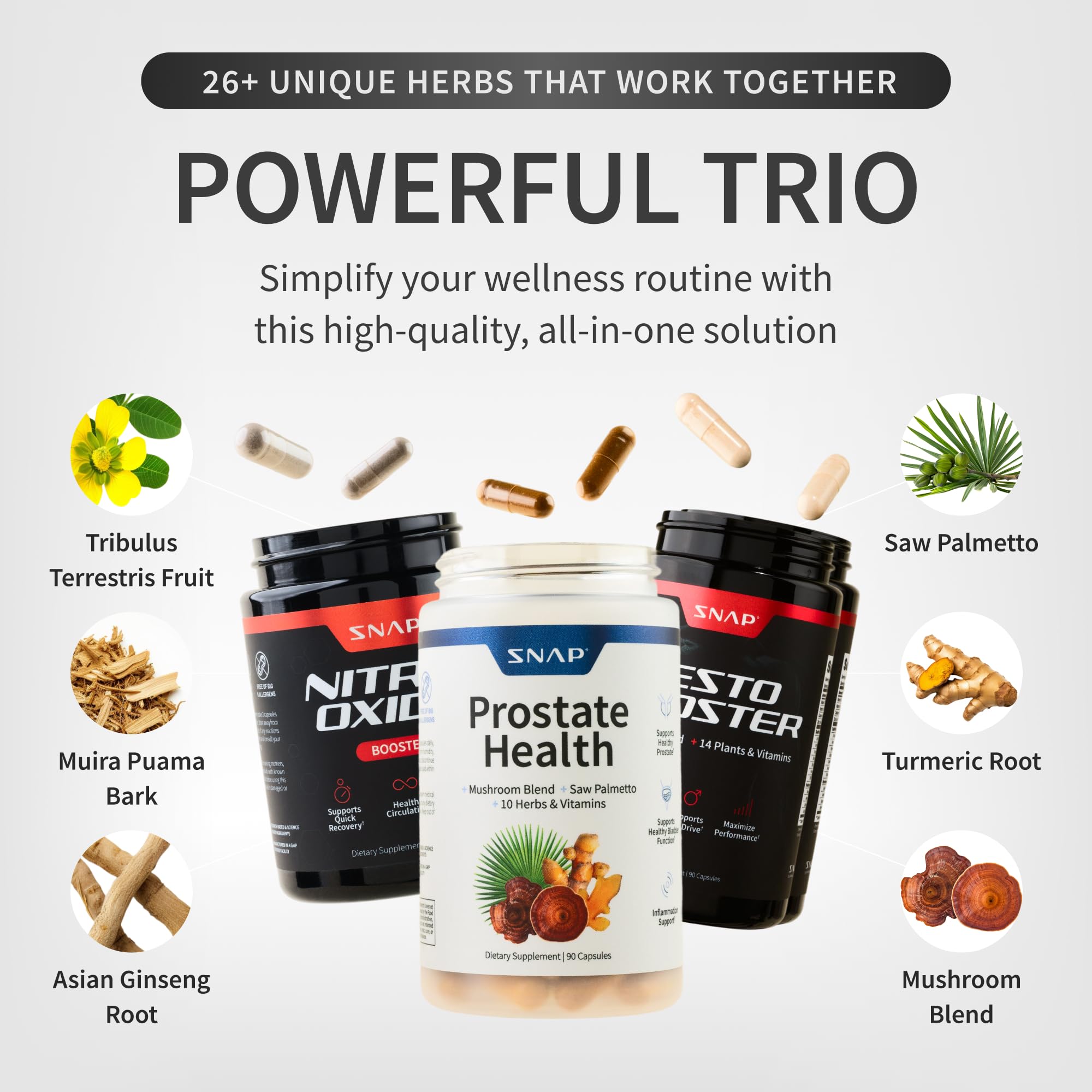 Snap Supplements Prostate Health capsules indicating urinary comfort and prostate support