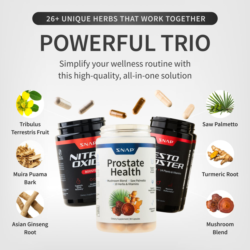 Snap Supplements Prostate Health capsules indicating urinary comfort and prostate support