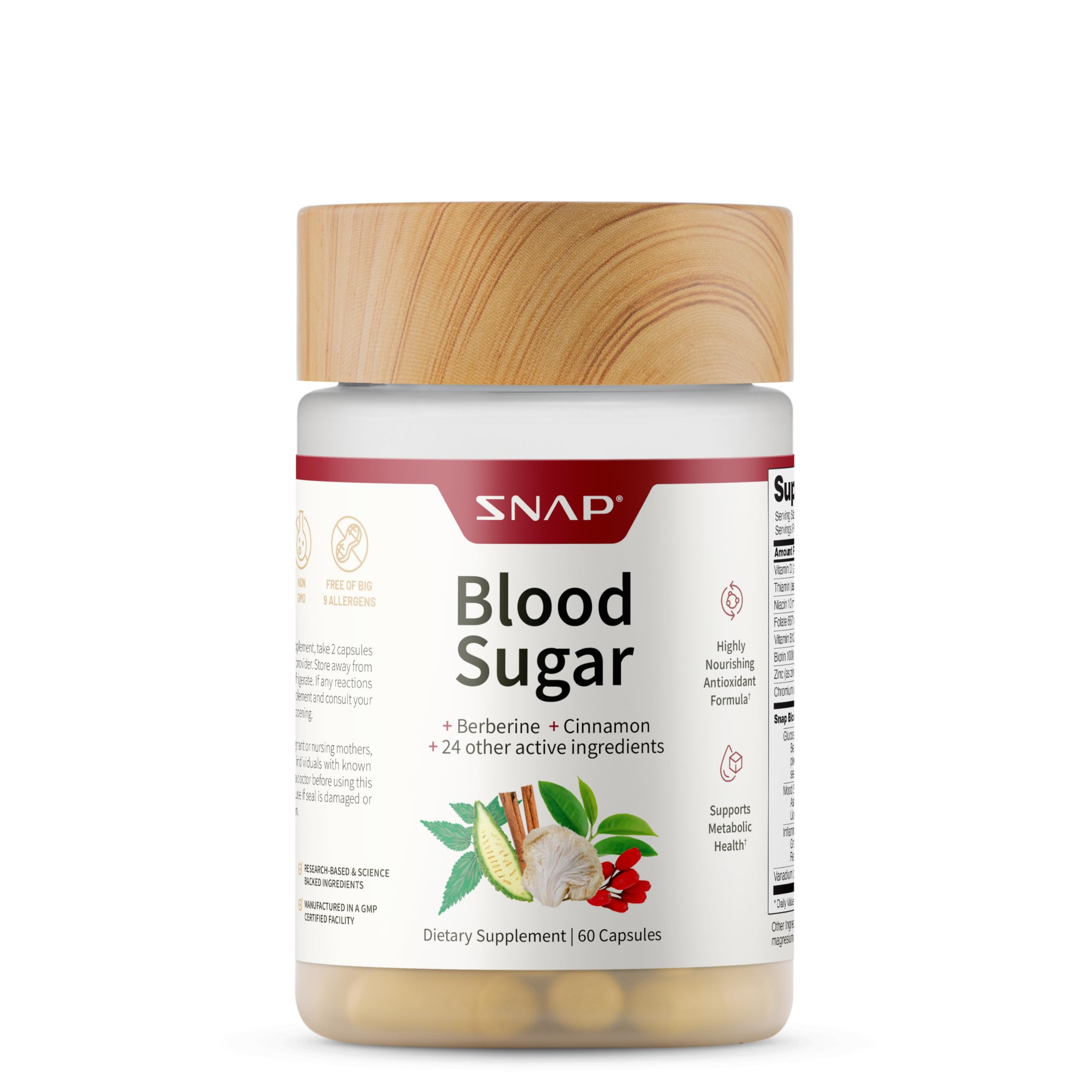 Snap Supplements Blood Sugar Blend bottle closeup showing convenient daily metabolism support