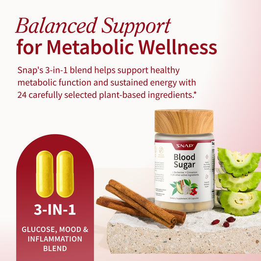 Snap Supplements Blood Sugar capsules close-up for daily energy and balance.