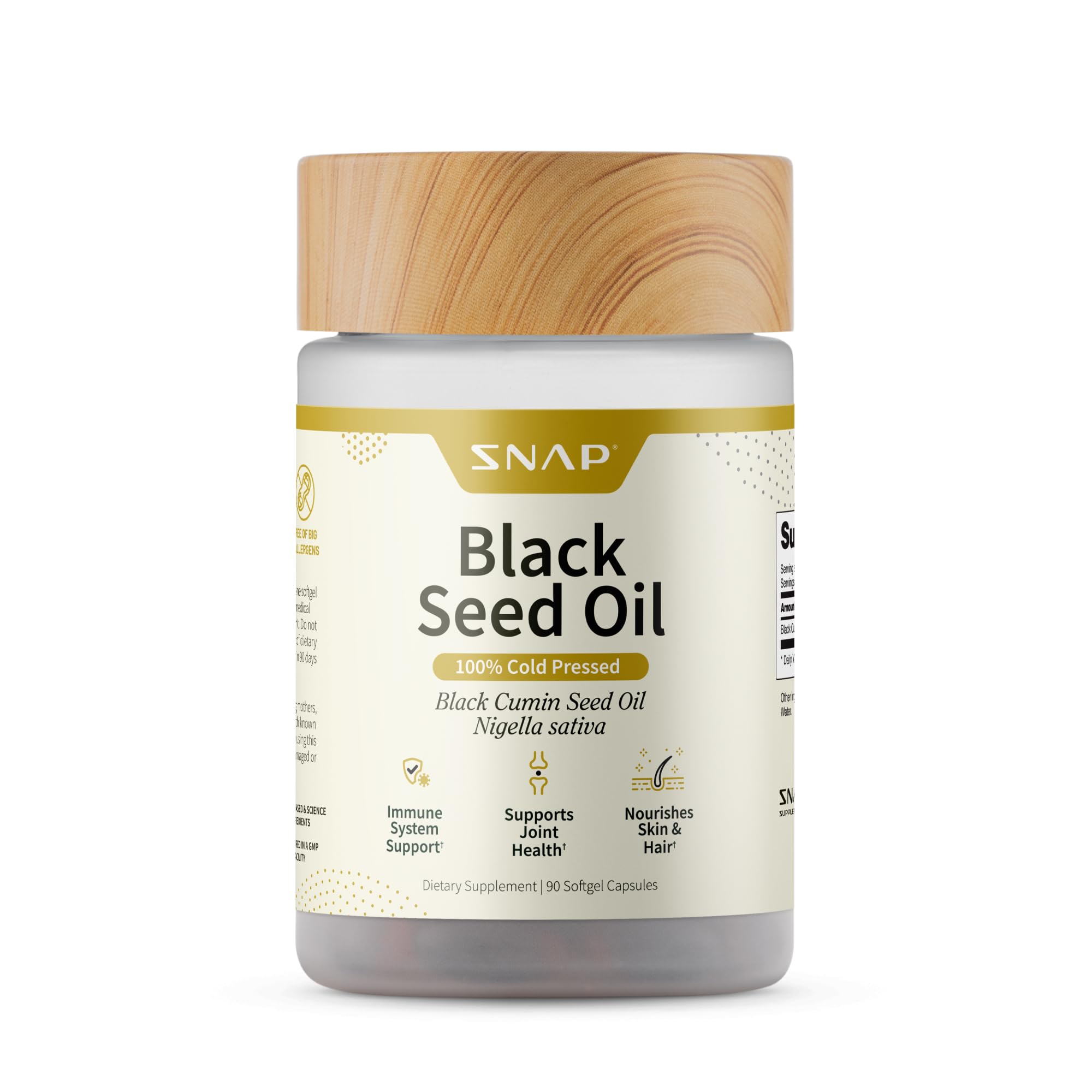 Snap Supplements bottle front view showcasing black seed oil capsules for daily wellness
