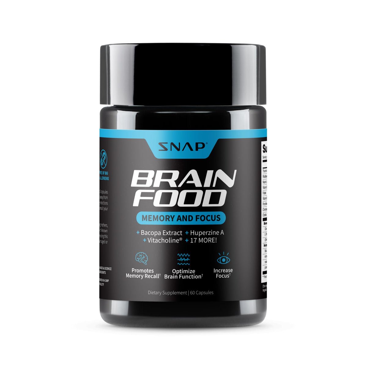 Snap Supplements Brain Booster bottle front view emphasizing a focus-friendly formula.