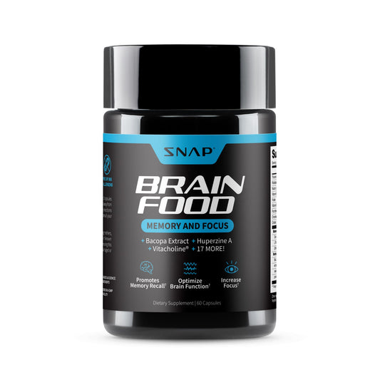 Snap Supplements Brain Booster bottle front view emphasizing a focus-friendly formula.