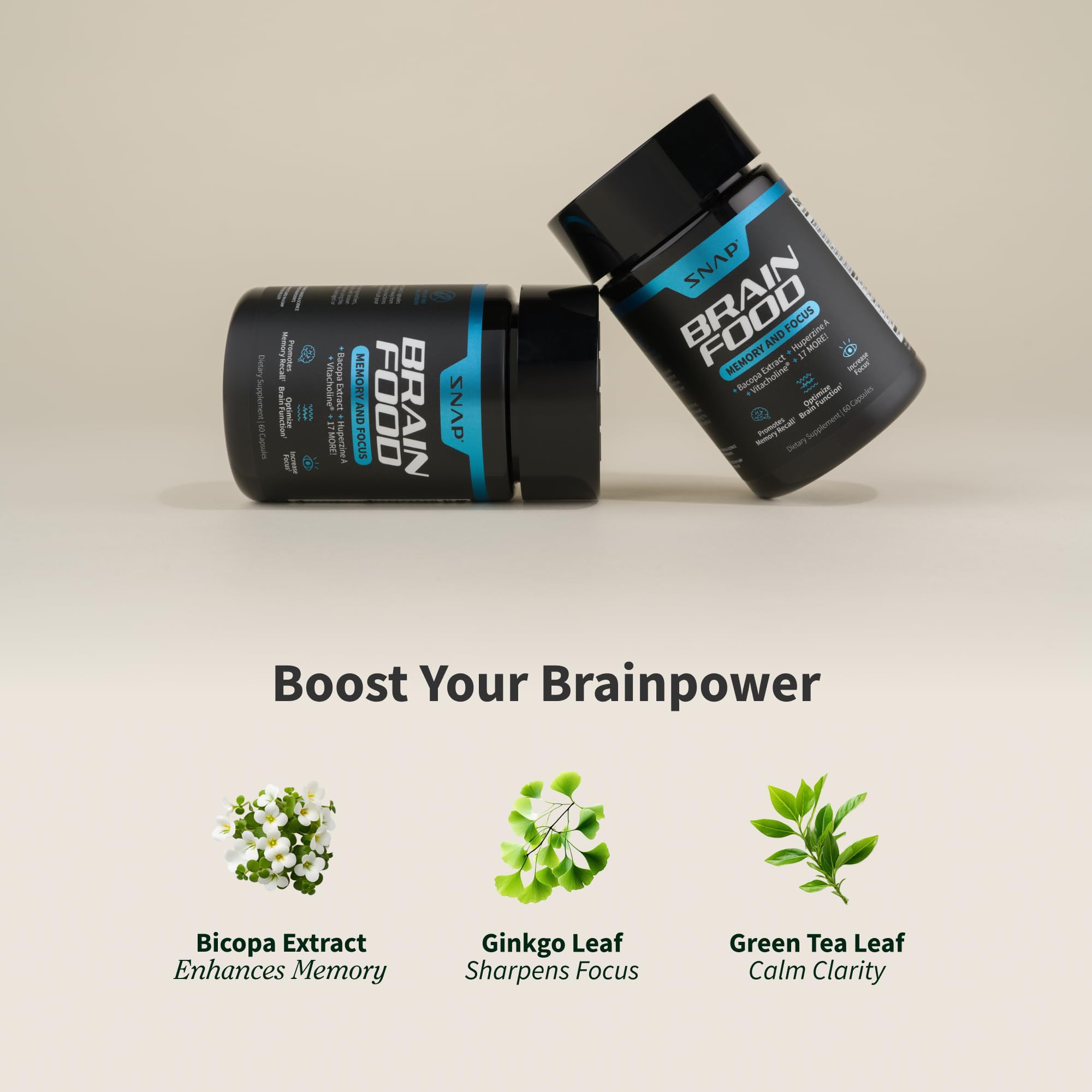 Snap Supplements Brain Booster box close-up showcasing natural nootropic ingredients.