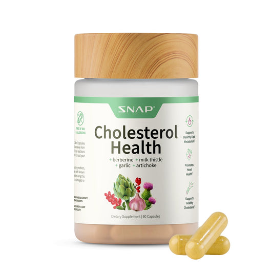 Snap Supplements Cholesterol Health artichoke bottle supports plant-based fat metabolism.