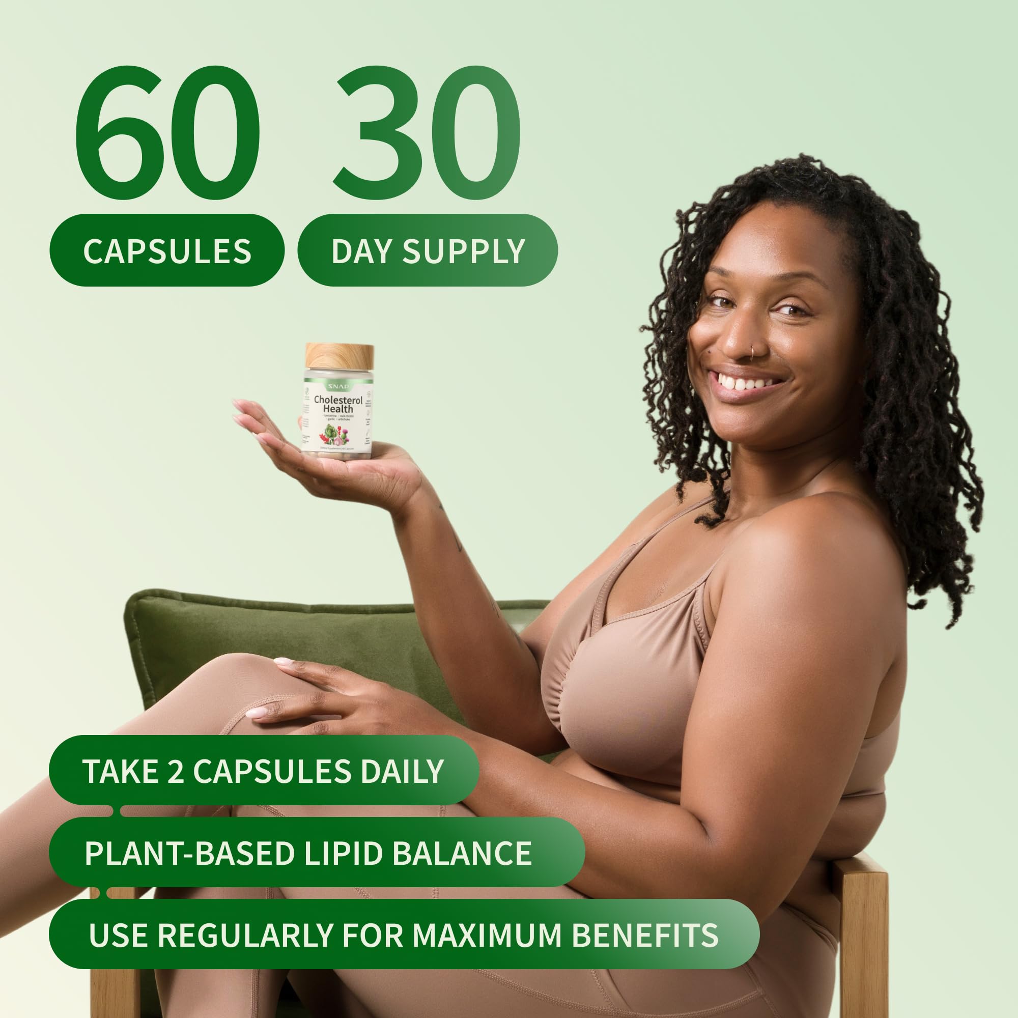 Snap Supplements Cholesterol Health vegan, gluten-free formula supports dietary needs.