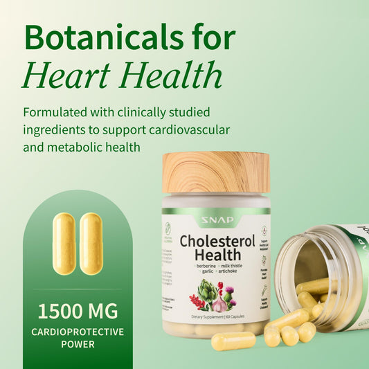 Snap Supplements Cholesterol Health milk thistle capsules highlight liver and cholesterol balance.