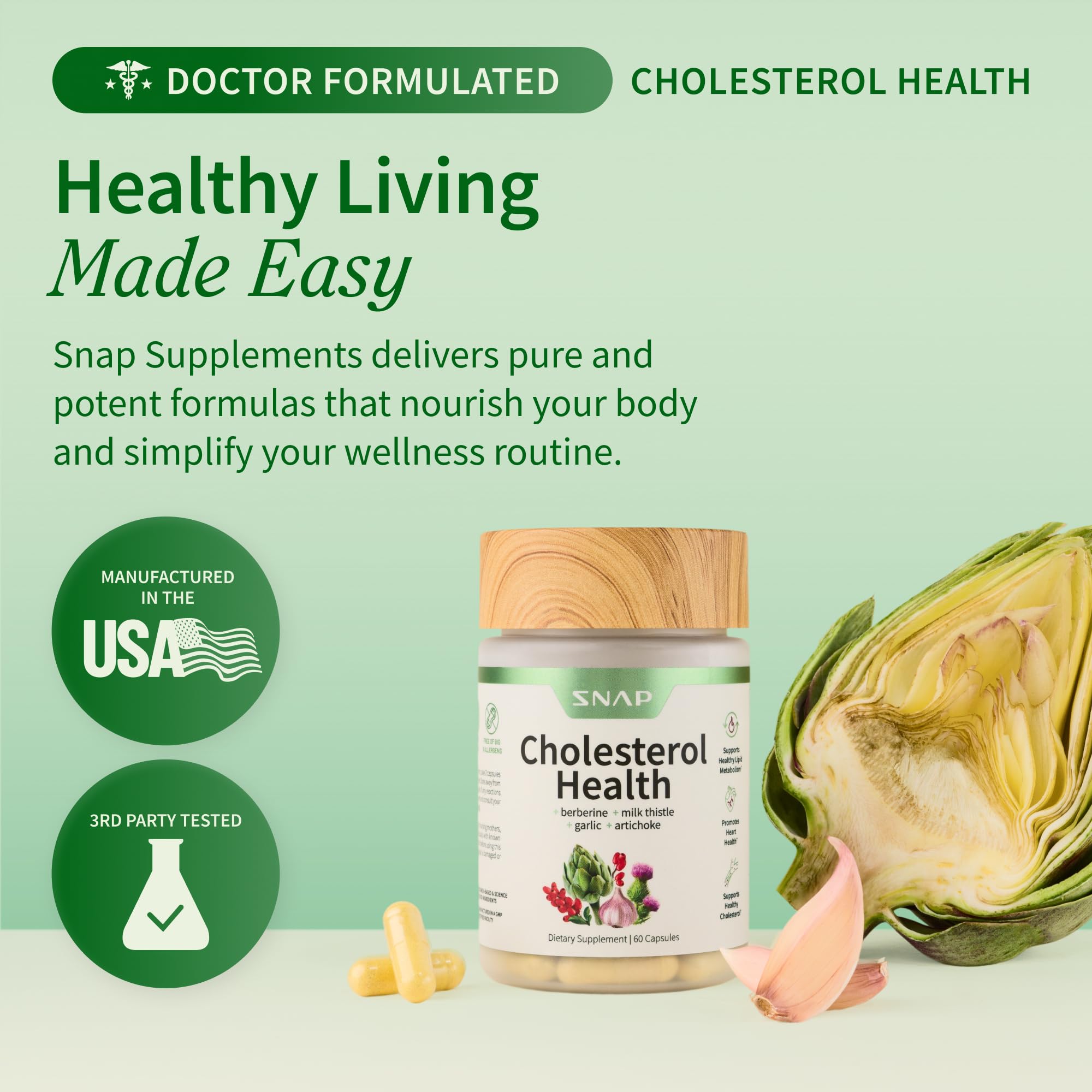 Snap Supplements Cholesterol Health capsules are convenient for a 2-capsule daily routine.