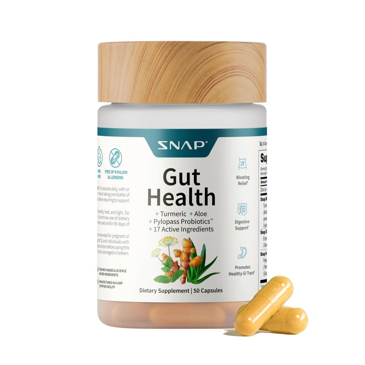 Snap Supplements Gut Health Lipase bottle front shows easy capsules for daily digestive support.