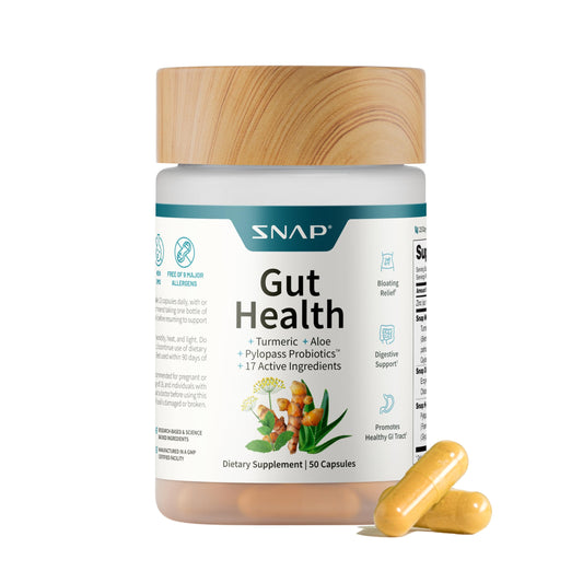 Snap Supplements Gut Health Lipase bottle front shows easy capsules for daily digestive support.