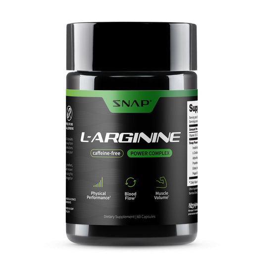 Snap Supplements L Arginine capsules bottle front promotes energy and circulation.