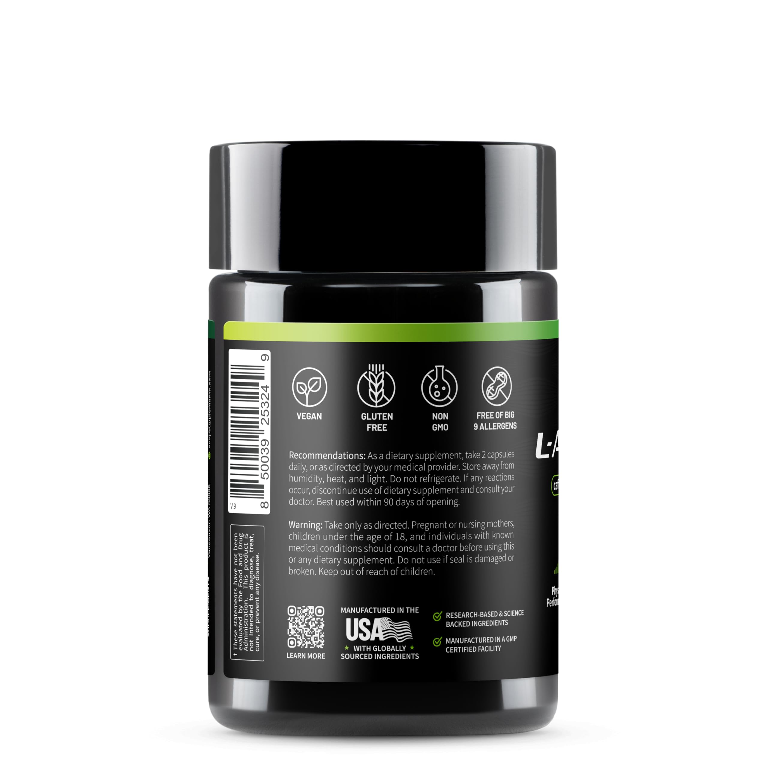 Snap Supplements L Arginine capsules bottle against a neutral backdrop.