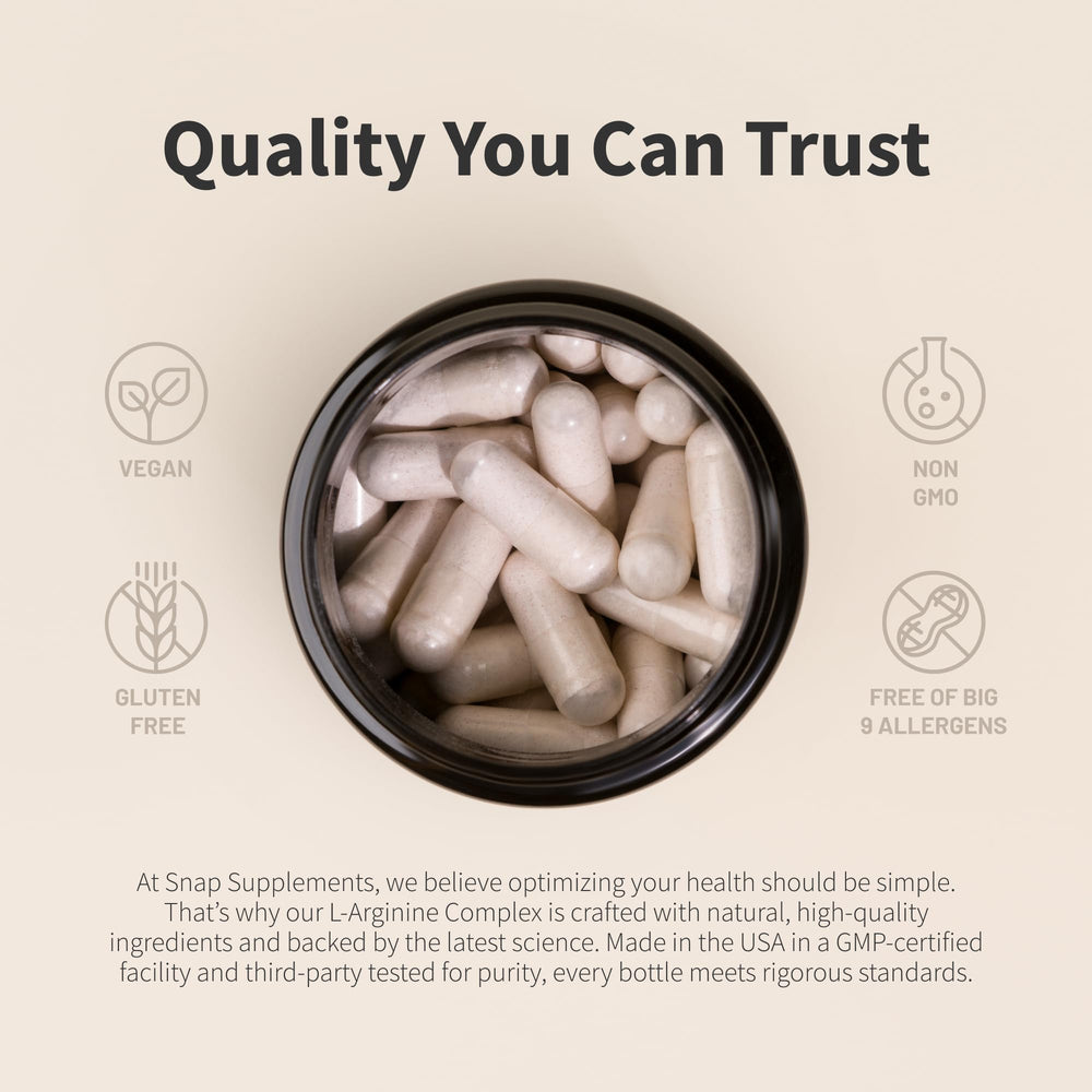 Snap Supplements L Arginine nutrition facts panel details ingredients.