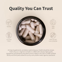 Snap Supplements L Arginine nutrition facts panel details ingredients.