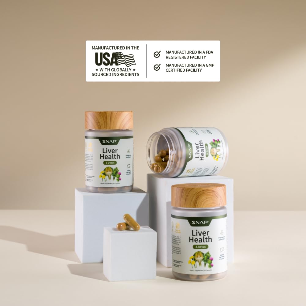 Label graphic on Snap Supplements Liver Health & Detox emphasizing non-GMO vegan and quality