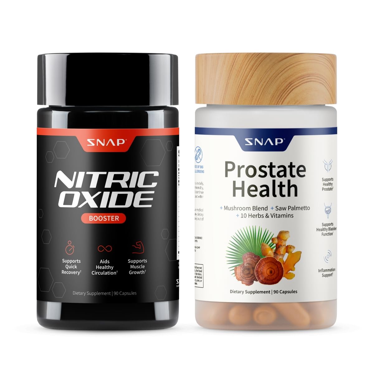 Snap Supplements Nitric Oxide Booster bottle front for steady energy and circulation support.