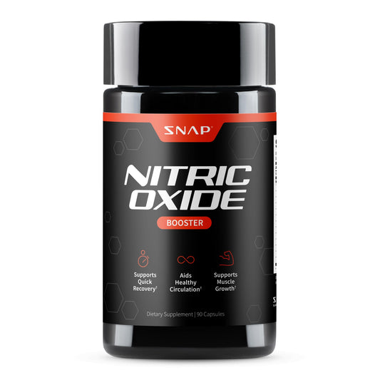 Snap Supplements Nitric Oxide bottle front view emphasizes energy support and circulation.