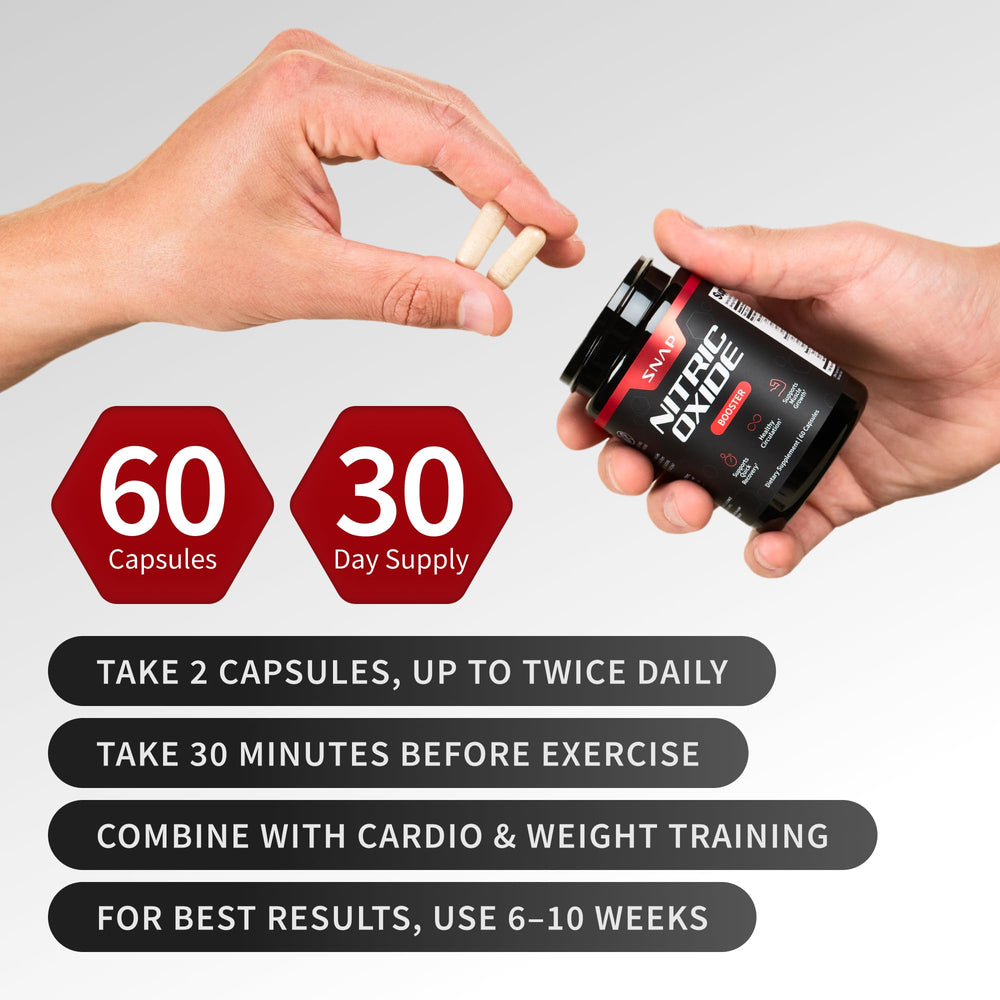 Snap Supplements Nitric Oxide bottle in hand suggests convenient daily use.