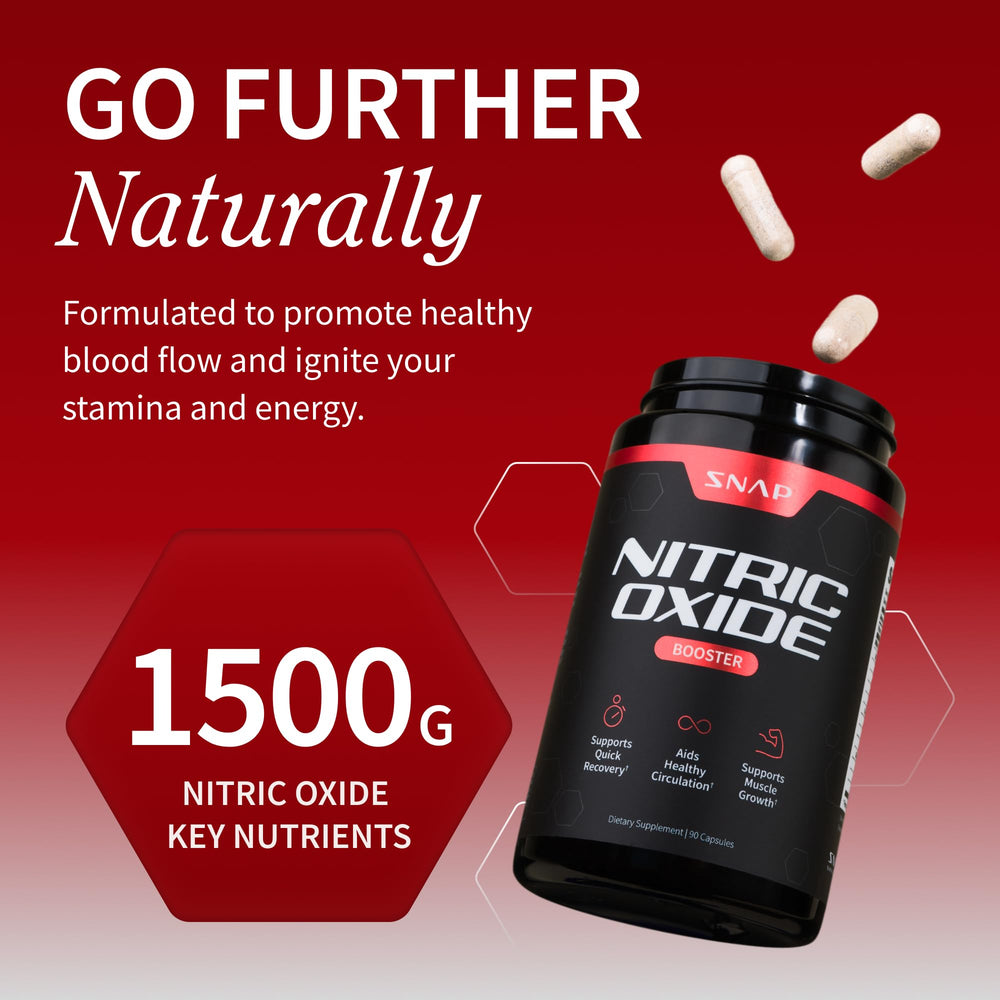 Snap Supplements Nitric Oxide capsules close-up highlighting vegan, non-GMO formula for active lifestyles.