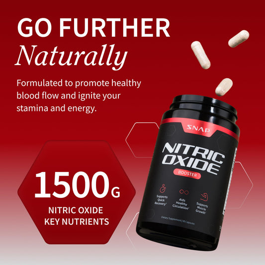 Snap Supplements Nitric Oxide capsules close-up highlighting vegan, non-GMO formula for active lifestyles.