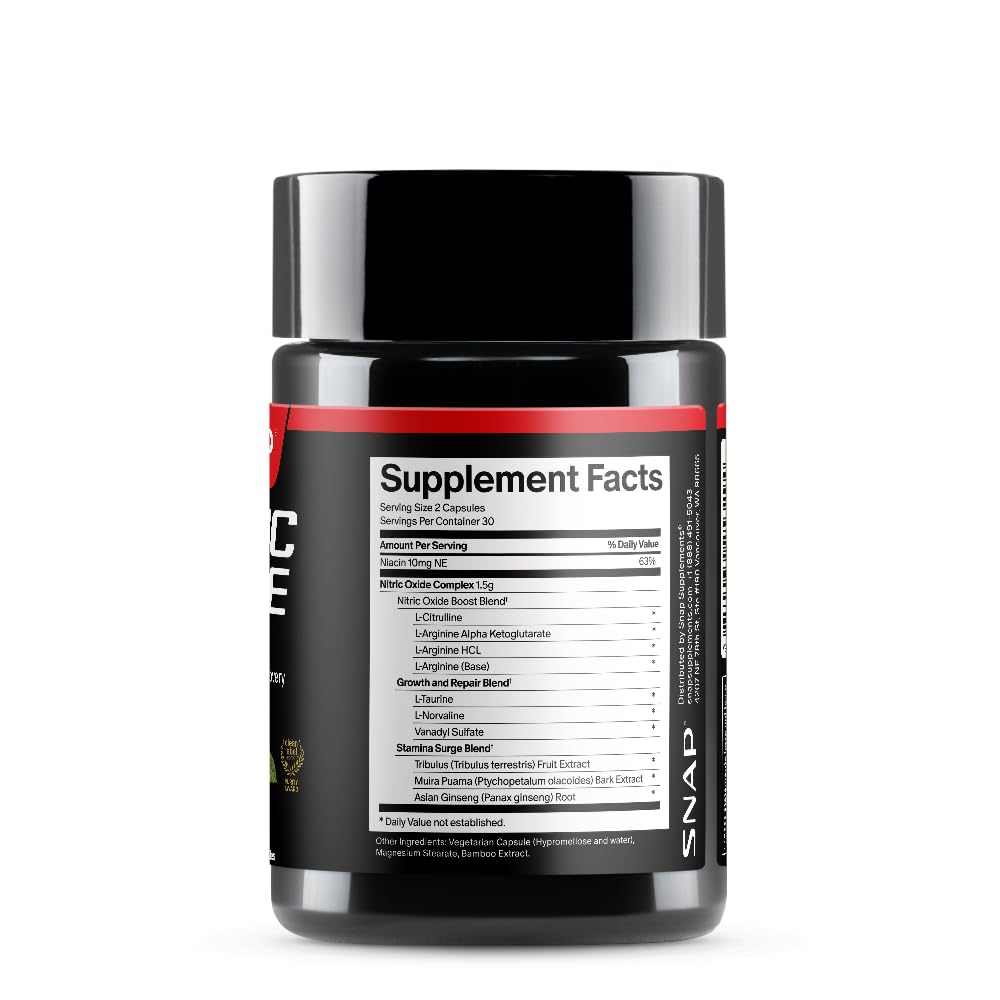 Snap Supplements Nitric Oxide bottle shown with desk setup for daily wellness.