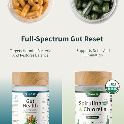 Snap Supplements Organic Spirulina Chlorella bottle highlighting greens for energy