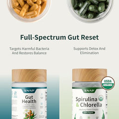 Snap Supplements Organic Spirulina Chlorella bottle highlighting greens for energy