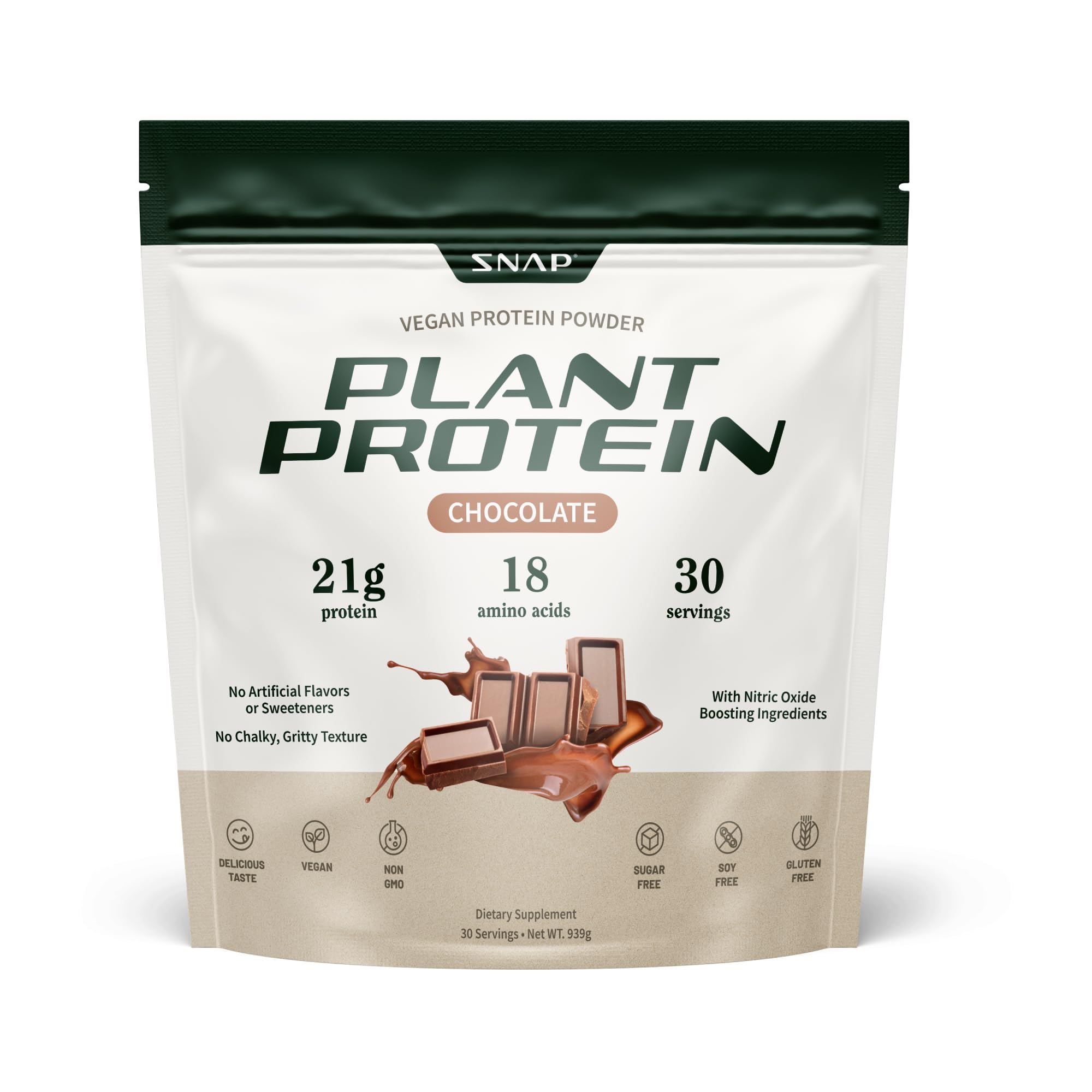 Snap Supplements organic vegan protein chocolate tub demonstrating plant-based protein for muscle support