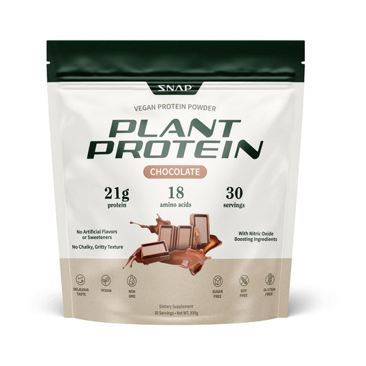Snap Supplements organic vegan protein chocolate tub demonstrating plant-based protein for muscle support