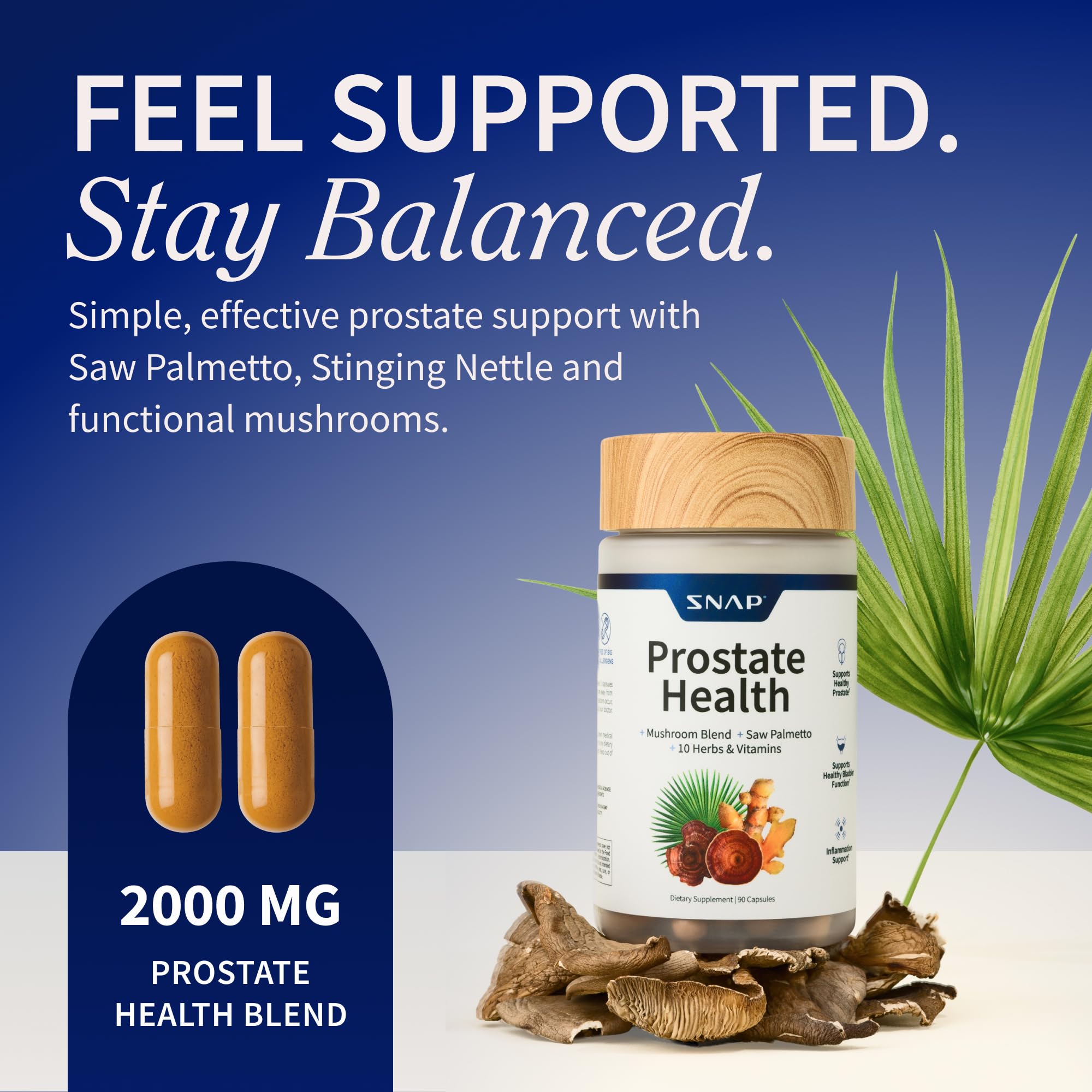 Snap Supplements Prostate Health bottle label highlights ingredients and non-GMO formulation for everyday wellness.