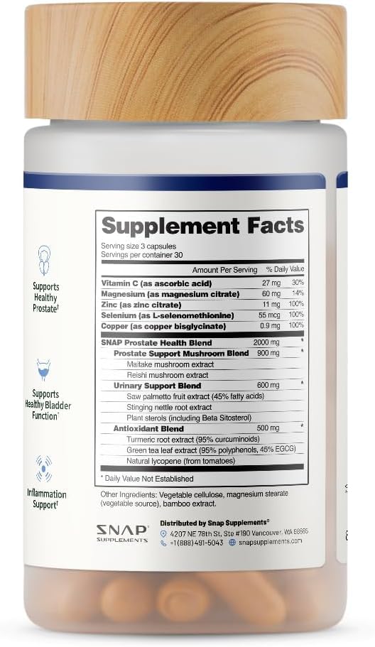 Snap Supplements Prostate Health bottle with glass of water for daily routine.