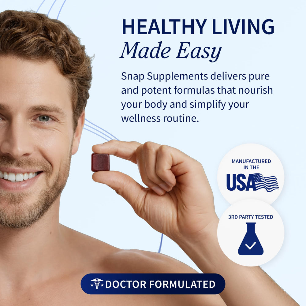 Snap Supplements Prostate Health chews in hand with pomegranate berry flavor